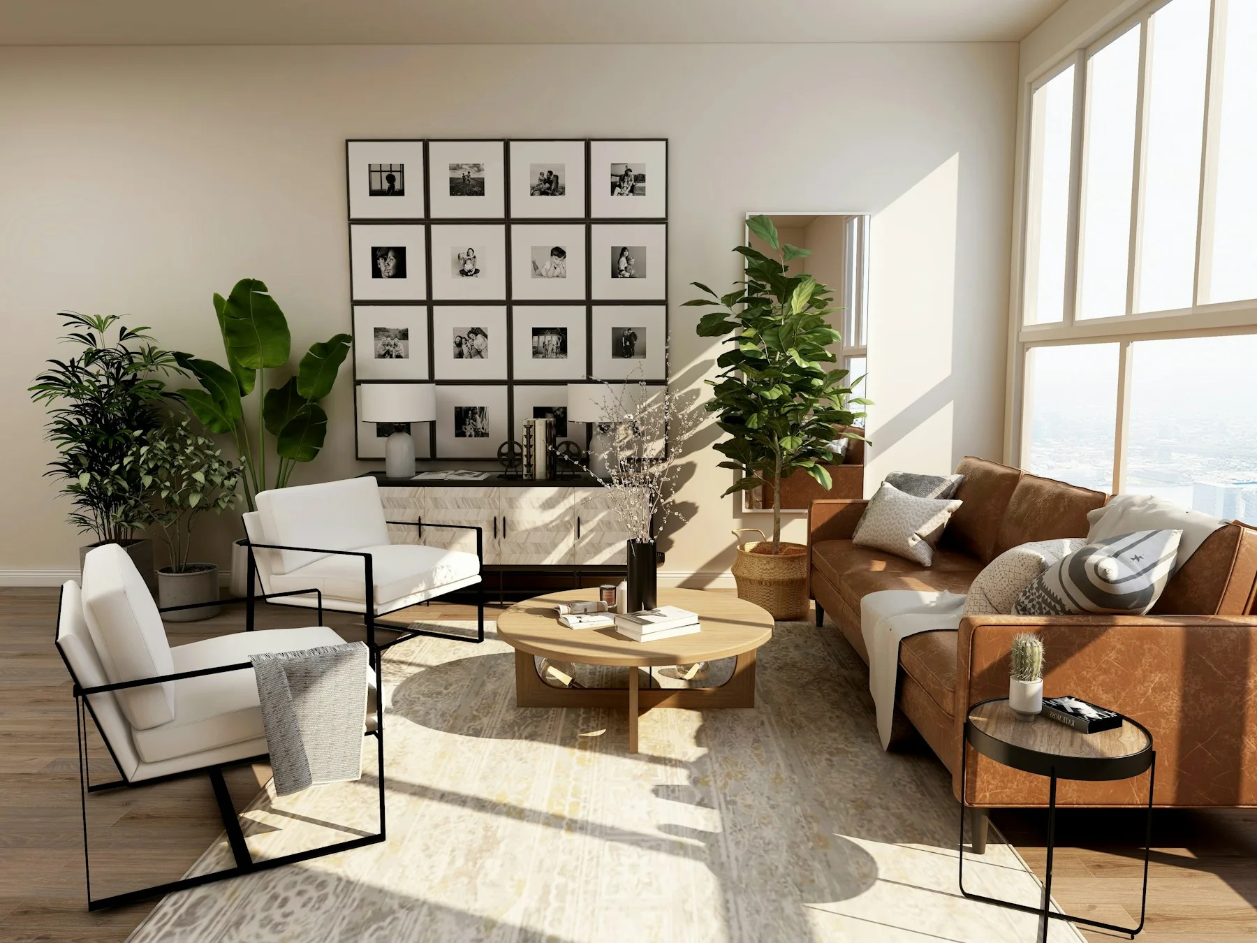 A thoughtfully curated living room with natural textures and warm, contemporary furniture